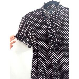VTG Y2K Top Large Express Polka Dot Pink Mesh Ruffle Button Down Blouse Retro